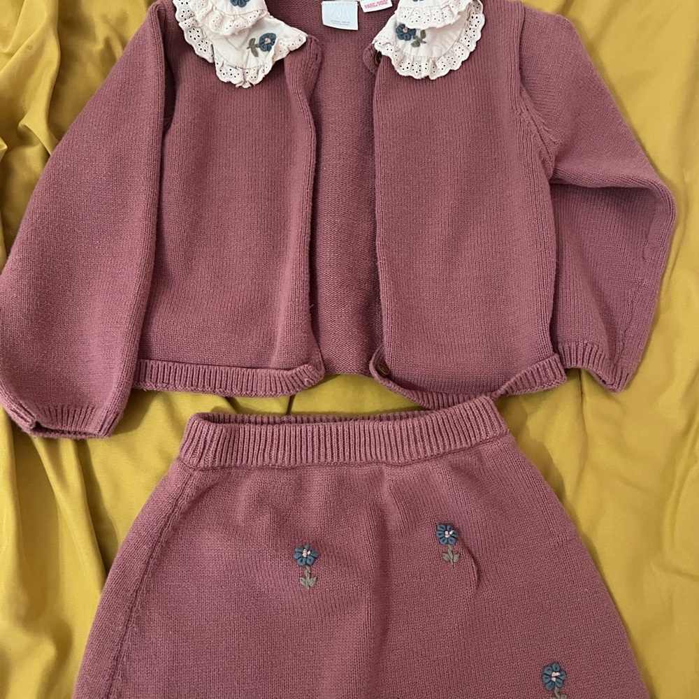 Zara Girls Dusty Rose Knit Cardigan & Skirt Set with Lace Collar